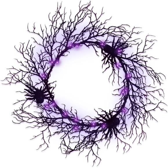 24" Black Spider Halloween Wreath with Purple Lights–Spooky Indoor/Outdoor Decor - Picture 1 of 7